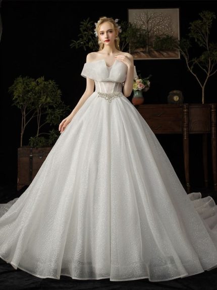 Gorgeous Ball Gown  Princess Silhouette Cathedral Train Off-The-Shoulder Short Sleeves Beaded Bridal Dress