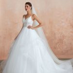 Romantic Ball Gown Princess Straps Sleeveless Studded Tulle Bridal Gown With Train