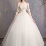 Enchanting Ball Gown Off-Shoulder Tulle Lace Over Satin Half Sleeve Wedding Dress with Illusion Detail