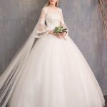Lovely Ball Gown Wedding Dresses Tulle Jewel 3/4 Length Sleeve Princess Bridal Gown