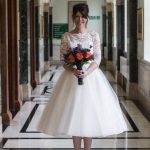 Beautiful Bateau Lace Tulle Ball Gown Tea Length Wedding Dress with 3/4 Sleeves