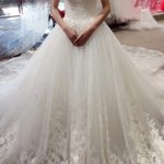 Stunning Bateau Cap Sleeve Cathedral Lace Tulle Princess Wedding Dress