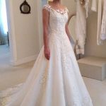 Romantic Bateau Cap Sleeve Illusion Lace Tulle A-Line Wedding Dress