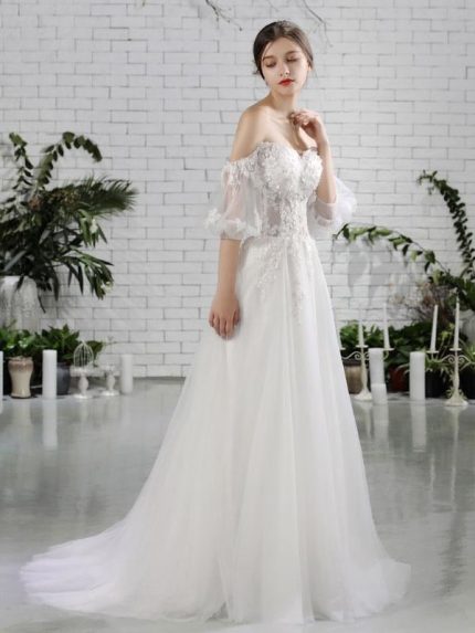 Exquisite Beach Bridal Dress Ivory Off Shoulder Flowers Beaded Wedding Dress