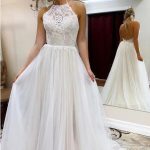 Beautiful Beach Long A-Line Halter Tulle Lace Backless Wedding Dress