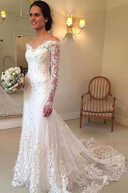 Captivating Beach Long Sleeves Off-the-Shoulder Mermaid Lace White Wedding Dress