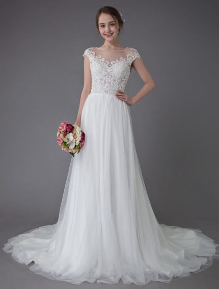 Romantic Beach Wedding Dresses Lace Tulle A-Line Ivory Luxury Beaded Summer Bridal Gowns