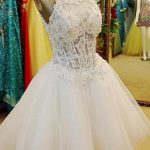 Romantic Halter Sleeveless Short Lace Tulle Wedding Dress with Beading Corset