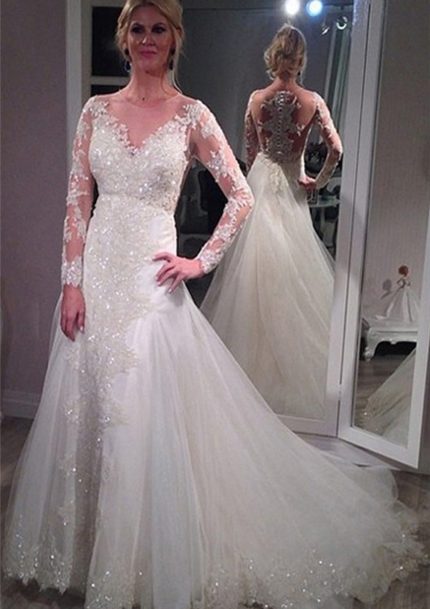 Ethereal Lace Tulle Wedding Dress with Beading Long Sleeves and Illusion Neckline