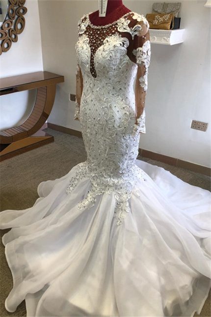 Chic Mermaid Sheer Tulle Wedding Dress with Beaded Appliques and Long Sleeves