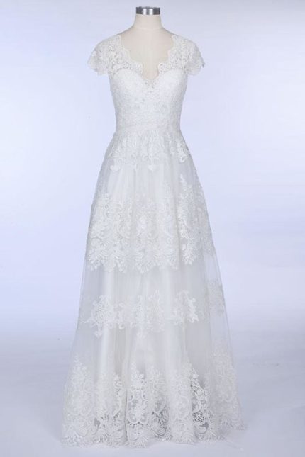 Best Cap Sleeve V-Neck Wedding Dress with Sweep Train