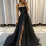 Glamorous Black Glitter Illusion Corset Split Tulle Wedding Dress
