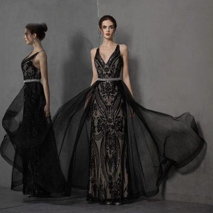 Unique Black Gothic Wedding Dress with Cross Back Lace and Sequin Details