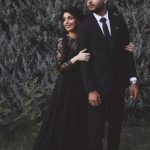 Beautiful Black V-Neck Court Train Lace Tulle Wedding Dress with Sleeves