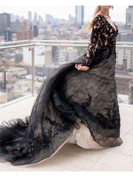 Elegant Black V-Neck Lace Tulle Wedding Dress with Sleeves