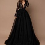 Exquisite Black Lace and Tulle Bridal Gown with Long Sleeves and Train