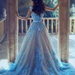Enchanting Blue Tulle Princess Wedding Dress with Lace Applique and Court Train