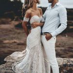 Boho Sweetheart Ivory Lace Mermaid Wedding Dress with Long Train