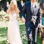 Flowy Boho Chiffon Wedding Dress with Off-Shoulder Design and Beading Belt