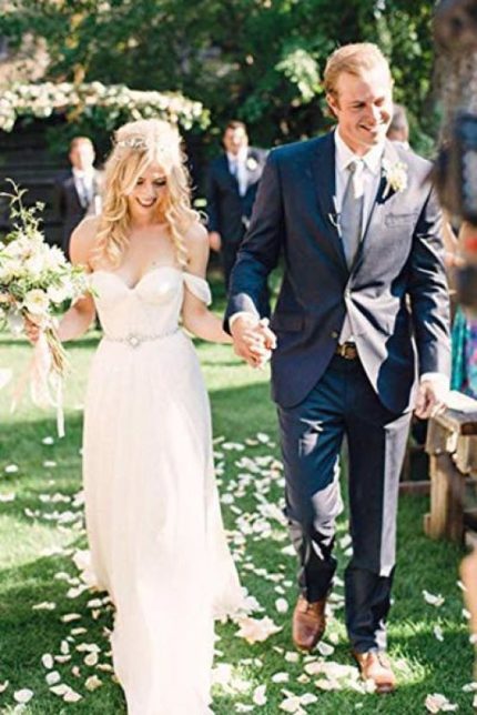Flowy Boho Chiffon Wedding Dress with Off-Shoulder Design and Beading Belt