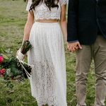 Elegant Two-Piece Boho Wedding Dress with Jewel Neck and Short Sleeves