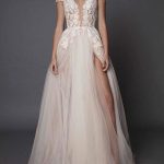 Ivory Boho V-Neck Short Sleeve Applique Slit Bridal Dress