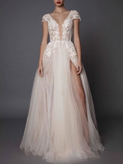 Ivory Boho V-Neck Short Sleeve Applique Slit Bridal Dress