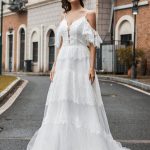 Beaded Boho A-Line V-Neck Lace Wedding Gown with Natural Waistline