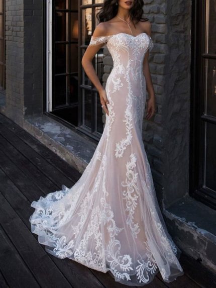 Champagne Lace Mermaid V-Neck Backless Bridal Gown for Boho Beach Weddings