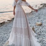 A-Line Deep V-Neck Straps Lace Short Sleeve Bridal Gown for Beach Wedding with a Sweeping Train