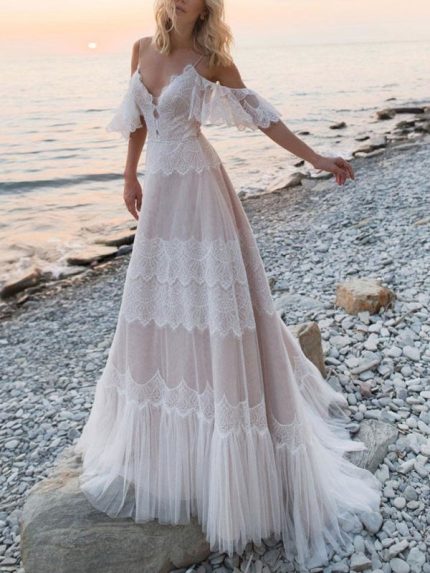 A-Line Deep V-Neck Straps Lace Short Sleeve Bridal Gown for Beach Wedding with a Sweeping Train