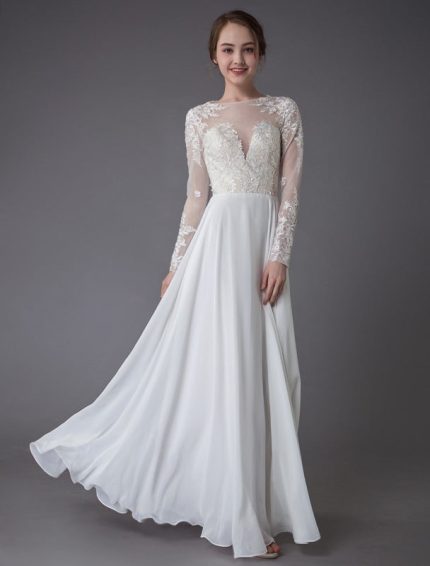 Elegant Chiffon A-Line Beach Bridal Gowns with Jewel-Adorned Long Sleeves