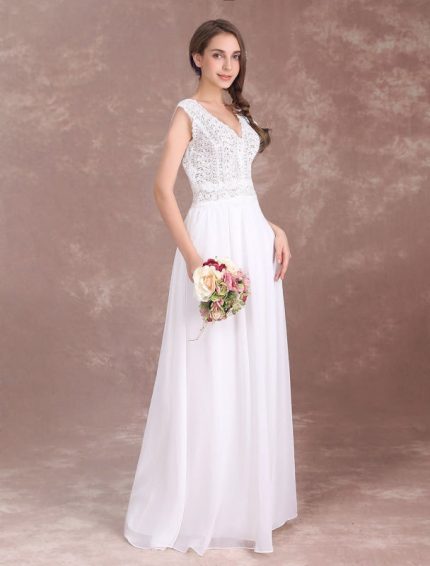 Ivory Sleeveless V-Neck Lace Beach Bridal DressFlowy Chiffon