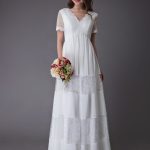 Boho Maxi Beach Bridal Gowns: Ivory Patchwork Lace and Chiffon Combination