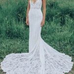 Mermaid V-Neck Sleeveless Lace Beach Bridal Dress with a Stunning Train