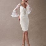 Knee-Length Summer Wedding Gowns: Short Sheath Beach Bridal Dress with Bell Sleeves and Lace Applique