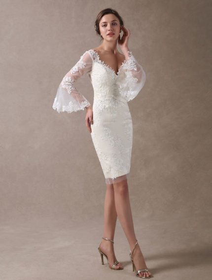 Knee-Length Summer Wedding Gowns: Short Sheath Beach Bridal Dress with Bell Sleeves and Lace Applique
