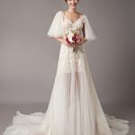 Backless Summer Beach Bridal Gowns: V-Neck Butterfly Sleeve Tulle and Lace Dress