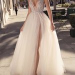 Beaded Court Train A-Line Bridal Gowns: Sleeveless V-Neck Front Split Tulle Dress