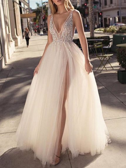 Beaded Court Train A-Line Bridal Gowns: Sleeveless V-Neck Front Split Tulle Dress
