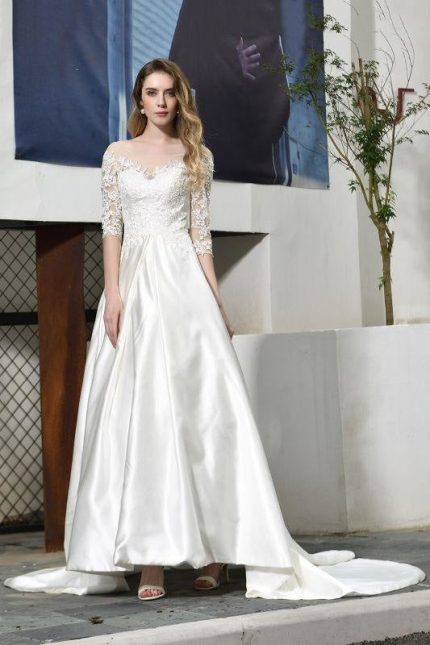 Elegant A-Line Satin Wedding Dress with Applique Details and Lace-Up Back