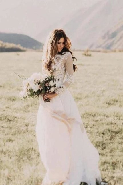 Boho Style Long Sleeve with Lace Floor Length Wedding Dress