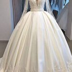 Vintage-Inspired Long Sleeve V-Neck Satin Ball Gown Wedding Dress