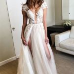 Sexy Split Tulle Wedding Dress with Cap Sleeve Deep V-Neck and Appliques