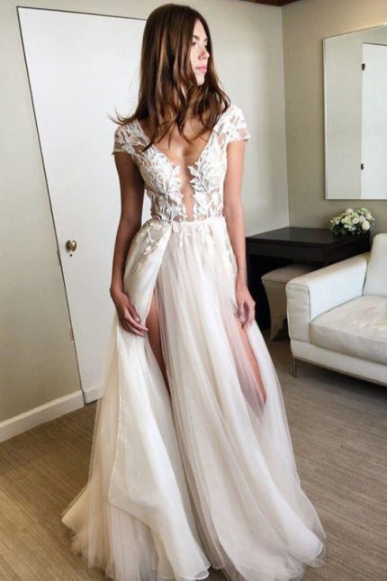 Sexy Split Tulle Wedding Dress with Cap Sleeve Deep V-Neck and Appliques