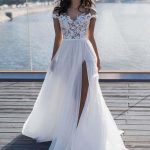 Stylish High Split Wedding Dress with Cap Sleeves and Covered Buttons