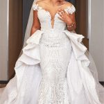 Beautiful Mermaid Wedding Dress with Cap Sleeves and Ruffled Overskirt