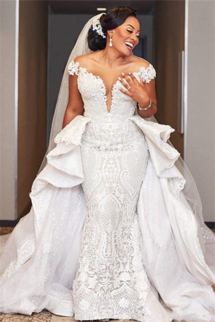 Beautiful Mermaid Wedding Dress with Cap Sleeves and Ruffled Overskirt