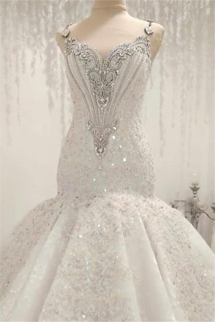 Sparkling Fit and Flare Wedding Dress with Cap Sleeves and Diamond Details