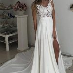 V-Neck Chiffon Wedding Dress with Front Split and Cap Sleeves Featuring Court Train